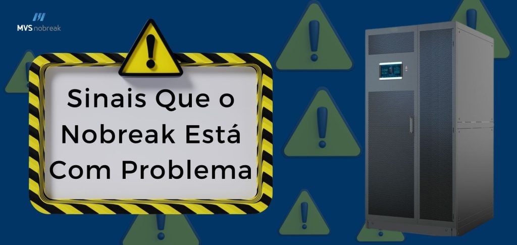 Fundo: Um fundo azul escuro, que contrasta com os elementos em primeiro plano e cria um senso de alerta.
Quadro de aviso: Um quadro amarelo e preto com listras diagonais, semelhante a uma placa de sinalização de perigo. No interior do quadro, em letras brancas, está escrito "Sinais Que o Nobreak Está Com Problema". A presença do ponto de exclamação reforça a urgência da mensagem.
Ícones de alerta: Vários ícones de alerta (triângulos amarelos com um ponto de exclamação preto) estão espalhados pela imagem, intensificando a sensação de perigo e a necessidade de atenção.
Nobreak: À direita da imagem, há a representação de um nobreak, um equipamento utilizado para garantir a continuidade do fornecimento de energia elétrica. O nobreak aparece como um gabinete cinza escuro, com um painel frontal com luzes e botões.