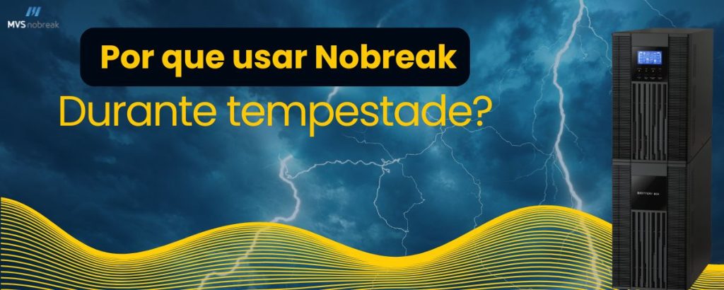 A imagem apresenta um cenário dramático com fundo de céu escuro e nuvens carregadas, acompanhadas de raios e relâmpagos, transmitindo a sensação de uma tempestade intensa. Em destaque, há um **Nobreak** de grande porte no lado direito, simbolizando proteção contra instabilidade de energia.  

No centro da imagem, encontra-se um texto chamativo com duas cores distintas:  
- **"Por que você precisa de um Nobreak durante as chuvas?"** está em amarelo, destacado dentro de um retângulo preto, transmitindo urgência e importância.  
- **"Durante tempestade?"** aparece em letras amarelas sem fundo, em uma tipografia moderna e visível.  

Na parte inferior da imagem, há linhas onduladas amarelas estilizadas, criando uma composição dinâmica e tecnológica que complementa o design. O logotipo da **MVS Nobreak** está posicionado no canto superior esquerdo, reforçando a identidade da empresa.  

Essa imagem visa comunicar a importância de um Nobreak em situações críticas, como tempestades, para proteger aparelhos eletrônicos contra quedas de energia e danos causados por oscilações.