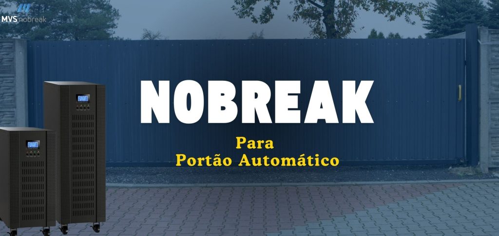 A imagem apresenta um design promocional sobre **Nobreak para portão automático**, destacando a importância desse dispositivo para segurança e funcionamento contínuo. O fundo é composto por uma parede metálica azul escura, com uma superfície de calçamento cinza e blocos de concreto no primeiro plano.  

No centro superior da imagem, o texto diz:  
- "NOBREAK" em letras grandes e brancas, destacando a palavra como o foco principal,  
- "Para Portão Automático" em letras menores e amarelas, criando contraste e ênfase na aplicação específica do Nobreak.  

Na parte inferior esquerda, duas unidades de Nobreak de tamanhos diferentes estão posicionadas lado a lado, transmitindo variedade de opções para diferentes necessidades. O logotipo da **MVS Nobreak** aparece no canto superior esquerdo, reforçando a identidade da marca. A composição sugere robustez e proteção, ideal para evitar falhas em sistemas de portões automáticos em caso de queda de energia.