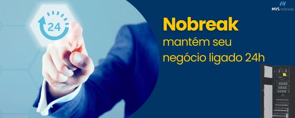 A imagem transmite uma mensagem de **confiabilidade e operação ininterrupta para negócios**, destacando a importância do Nobreak na continuidade das operações.  

### **Elementos Visuais:**  
1. **Fundo Tecnológico e Profissional:**  
   - Uma pessoa vestida com traje executivo toca um ícone digital com um símbolo de relógio e a marcação **"24h"**, representando continuidade e disponibilidade ininterrupta de energia.  

2. **Mensagem Principal:**  
   - O texto **"Nobreak mantém seu negócio ligado 24h"** enfatiza que empresas podem operar sem interrupções com um Nobreak, garantindo estabilidade elétrica.  
   - A palavra **"Nobreak"** está em amarelo e negrito, destacando o produto como solução essencial.  

3. **Imagem do Nobreak:**  
   - Localizado no canto inferior direito, o equipamento reforça visualmente a confiabilidade e robustez da solução oferecida.  

4. **Logotipo da MVS Nobreak:**  
   - Discreto no canto superior direito, consolidando a identidade da marca e sua expertise no setor.  

### **Tom e Mensagem:**  
A imagem comunica **segurança, eficiência e proteção energética para negócios**, sugerindo que um Nobreak é indispensável para manter **servidores, equipamentos e operações funcionando 24 horas por dia, mesmo em quedas de energia**.