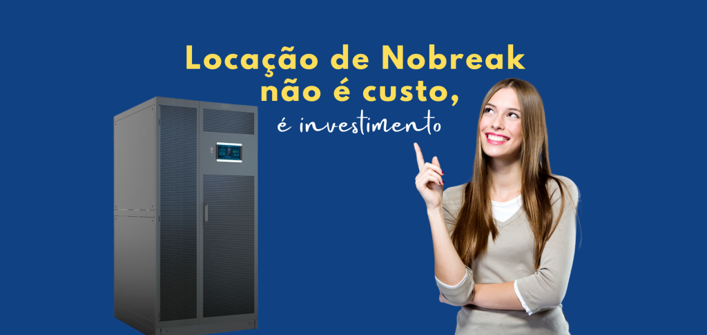 ### **Descrição da Imagem**  

A imagem transmite a mensagem de que **alugar um Nobreak não é um gasto, mas sim um investimento estratégico** para empresas e condomínios.  

### **Elementos Visuais:**  
1. **Fundo Azul Sólido:**  
   - Passa uma sensação de **credibilidade e confiança**, reforçando a seriedade da mensagem.  

2. **Texto de Destaque:**  
   - A frase **"Locação de Nobreak não é custo, é investimento"** está em duas fontes diferentes:  
     - **Parte principal em amarelo bold**, destacando a importância do tema.  
     - **Parte final em branco manuscrito**, conferindo um toque mais leve e persuasivo.  

3. **Imagem do Nobreak:**  
   - O equipamento aparece à esquerda, grande e moderno, reforçando a qualidade e robustez do produto.  

4. **Mulher Sorridente Apontando para o Texto:**  
   - Expressão amigável e confiante, indicando aprovação e atraindo a atenção para a mensagem principal.  

### **Mensagem e Impacto:**  
A composição da imagem sugere que alugar um Nobreak é uma **decisão inteligente** para quem deseja segurança energética sem altos custos de aquisição. O design limpo e direto reforça o profissionalismo da comunicação e convida o público a considerar essa opção como um investimento essencial.