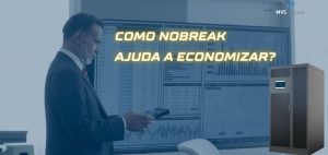 A imagem apresenta um homem de terno segurando um tablet e analisando gráficos exibidos em uma grande tela ao fundo, que mostram indicadores financeiros e estatísticas. O texto em destaque, em amarelo brilhante, diz: **"COMO NOBREAK AJUDA A ECONOMIZAR?"**, sugerindo uma conexão entre o uso de Nobreaks e a redução de custos operacionais. No canto direito, há um Nobreak de grande porte, reforçando a ideia de que esse equipamento desempenha um papel fundamental na economia de energia e na proteção de sistemas críticos. O logotipo da **MVS Nobreak** está posicionado no canto superior direito, garantindo a identidade visual da marca. O tom geral da imagem passa uma mensagem de profissionalismo e eficiência financeira.