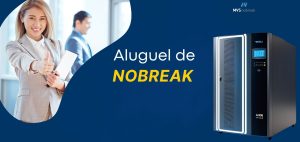 A imagem apresenta uma peça publicitária da empresa **MVS Nobreak** promovendo o serviço de **aluguel de Nobreak**. 🔹 **À esquerda**, vemos uma mulher sorridente vestindo roupa social clara, segurando um tablet e fazendo sinal de positivo (joinha), transmitindo **confiança e aprovação** da solução oferecida. Ao fundo, aparece um homem em segundo plano, fora de foco, reforçando o ambiente corporativo. 🔹 **À direita**, há um **Nobreak de grande porte**, moderno, com display digital aceso e luzes indicadoras de funcionamento, sugerindo alta tecnologia e confiabilidade. 🔹 Ao centro-direita, sobre um fundo azul escuro, está o texto: **“Aluguel de NOBREAK”**, sendo "NOBREAK" destacado em **amarelo**, chamando a atenção para o serviço oferecido. A composição transmite uma mensagem de segurança, praticidade e profissionalismo, reforçando que o aluguel de Nobreak é uma solução confiável e aprovada por quem entende do assunto.