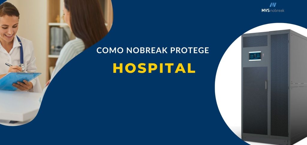 A imagem é uma peça visual da marca MVS Nobreak, com foco em comunicar os benefícios do uso de Nobreaks em hospitais.

🔹 À esquerda, vemos uma médica sorridente, de jaleco branco e estetoscópio no pescoço, escrevendo em uma prancheta durante o atendimento a uma paciente. A imagem transmite profissionalismo, acolhimento e confiança — valores importantes no setor da saúde.

🔹 Ao centro, sobre um fundo azul escuro, está o texto:

COMO NOBREAK PROTEGE
HOSPITAL

A palavra “HOSPITAL” aparece em letras maiúsculas e na cor amarela, criando contraste e destacando o público-alvo da mensagem. A fonte é moderna e clara, reforçando a seriedade do tema.

🔹 À direita, está a imagem de um Nobreak de grande porte, representando o equipamento essencial para manter aparelhos médicos funcionando mesmo em quedas de energia.

🔹 No canto superior direito, está o logotipo da empresa MVS Nobreak, reforçando a identidade da marca.

Essa arte comunica de forma clara e impactante que Nobreaks são fundamentais para a segurança hospitalar, garantindo o funcionamento contínuo de equipamentos médicos e evitando riscos à vida de pacientes.
