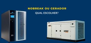 A imagem apresenta um fundo azul escuro com dois equipamentos lado a lado: 🔹 **À esquerda**, um Nobreak moderno e robusto da **MVS Nobreak**, com um painel digital iluminado e um design sofisticado. 🔹 **À direita**, um gerador branco da marca **SADAT**, com um design mais industrial e robusto. 🔹 **No topo da imagem**, a pergunta em destaque: **"NOBREAK OU GERADOR – QUAL ESCOLHER?"**, com "NOBREAK OU GERADOR" em amarelo e "QUAL ESCOLHER?" em branco. A composição visual transmite a ideia de comparação entre os dois equipamentos, sugerindo um conteúdo que ajuda a entender qual a melhor escolha para diferentes necessidades.