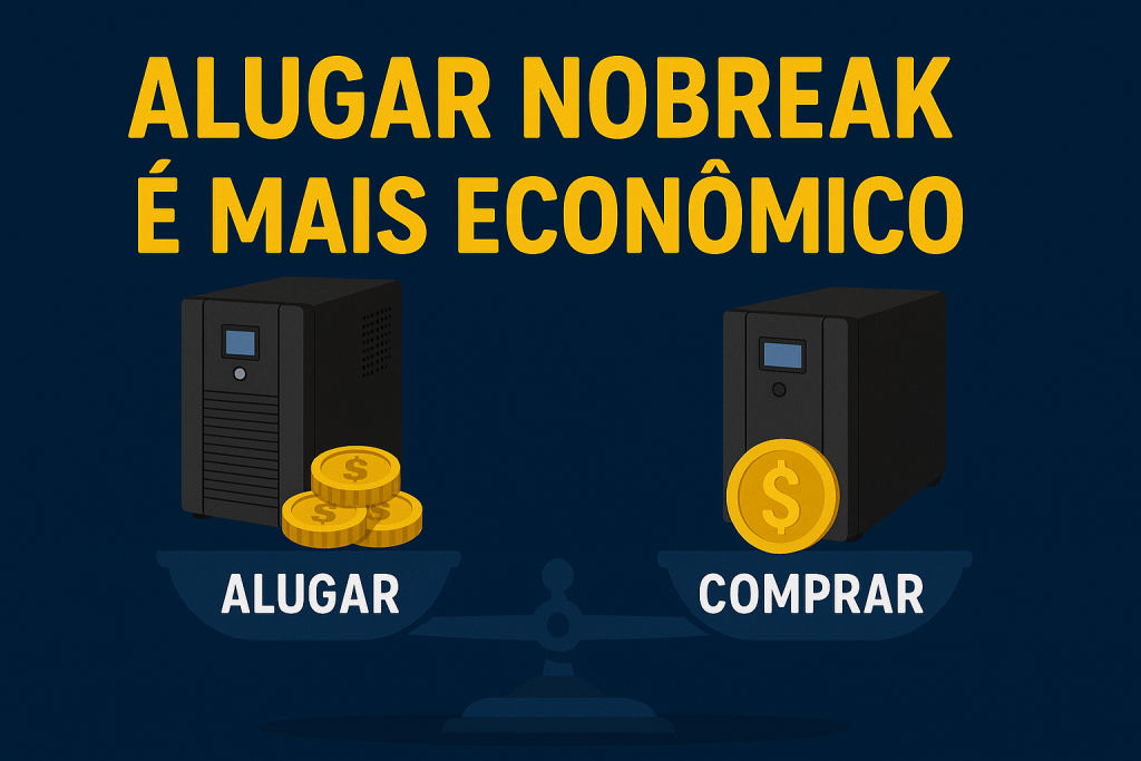 A imagem apresenta um banner horizontal com fundo na cor azul escuro e o texto em destaque na cor amarela vibrante, que diz: “ALUGAR NOBREAK É MAIS ECONÔMICO”. A composição central exibe uma balança de pratos: no lado esquerdo, um nobreak acompanhado por três moedas douradas e a palavra “ALUGAR”; no lado direito, outro nobreak com apenas uma moeda dourada e a palavra “COMPRAR”. A balança sugere visualmente que alugar é mais vantajoso financeiramente do que comprar. O estilo gráfico é plano, com elementos bem definidos e cores contrastantes para reforçar a mensagem de economia. 