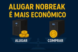 A imagem apresenta um banner horizontal com fundo na cor azul escuro e o texto em destaque na cor amarela vibrante, que diz: “ALUGAR NOBREAK É MAIS ECONÔMICO”. A composição central exibe uma balança de pratos: no lado esquerdo, um nobreak acompanhado por três moedas douradas e a palavra “ALUGAR”; no lado direito, outro nobreak com apenas uma moeda dourada e a palavra “COMPRAR”. A balança sugere visualmente que alugar é mais vantajoso financeiramente do que comprar. O estilo gráfico é plano, com elementos bem definidos e cores contrastantes para reforçar a mensagem de economia.
