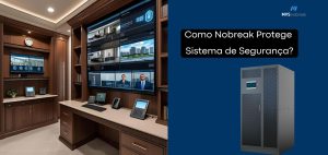 A imagem mostra uma moderna sala de monitoramento com painéis de segurança exibindo câmeras de vigilância, gravações em tempo real e informações de controle de acesso. À esquerda, vemos um ambiente bem estruturado, com móveis de madeira escura, computadores, telefones IP e telas grandes exibindo imagens de segurança e pessoas monitorando o sistema. À direita, sobre um fundo azul escuro, está um nobreak de grande porte da MVS Nobreak, transmitindo robustez e confiabilidade. Acima dele está o texto em branco dentro de uma caixa preta que diz: “Como Nobreak Protege Sistema de Segurança?” — frase que destaca o tema da imagem e sua função. O logotipo da MVS Nobreak aparece no canto superior direito, reforçando a identidade da marca. A composição da imagem comunica segurança, prevenção de falhas e funcionamento contínuo de sistemas críticos.