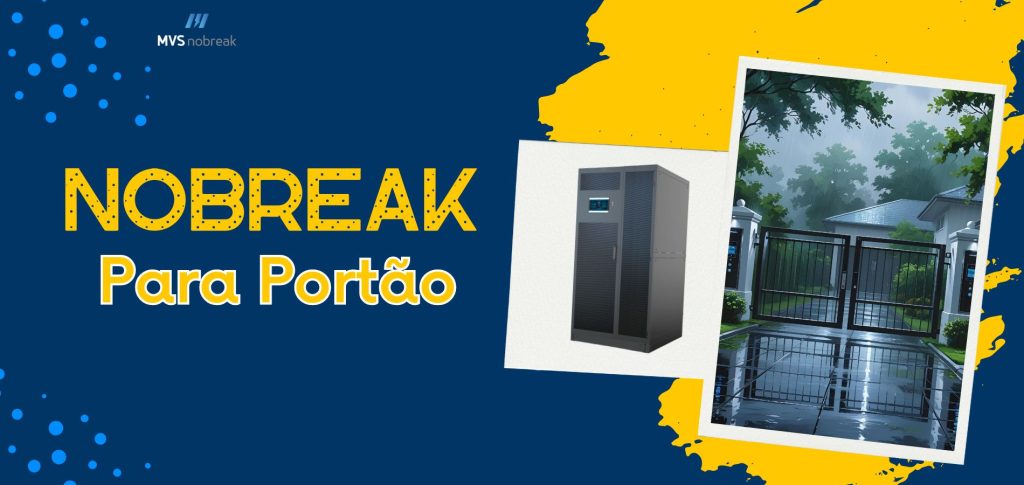 A imagem tem fundo azul escuro com detalhes em amarelo vibrante e pontos circulares em azul claro, compondo um visual moderno e chamativo. No lado esquerdo, aparece a logomarca da MVS Nobreak no topo, seguida pelo texto em destaque:

"NOBREAK Para Portão"
— onde "NOBREAK" está escrito em letras maiúsculas amarelas com efeito pontilhado, e "Para Portão" em branco com contorno amarelo.

À direita, há duas imagens sobrepostas como se fossem fotos: uma mostra um nobreak de grande porte e a outra exibe um portão eletrônico moderno em uma casa, em um dia chuvoso, com reflexos no chão molhado e vegetação ao fundo.

O design reforça a ideia de que o nobreak é essencial para manter o portão funcionando mesmo em situações adversas como tempestades, transmitindo segurança e continuidade de funcionamento.