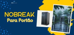 A imagem tem fundo azul escuro com detalhes em amarelo vibrante e pontos circulares em azul claro, compondo um visual moderno e chamativo. No lado esquerdo, aparece a logomarca da MVS Nobreak no topo, seguida pelo texto em destaque: "NOBREAK Para Portão" — onde "NOBREAK" está escrito em letras maiúsculas amarelas com efeito pontilhado, e "Para Portão" em branco com contorno amarelo. À direita, há duas imagens sobrepostas como se fossem fotos: uma mostra um nobreak de grande porte e a outra exibe um portão eletrônico moderno em uma casa, em um dia chuvoso, com reflexos no chão molhado e vegetação ao fundo. O design reforça a ideia de que o nobreak é essencial para manter o portão funcionando mesmo em situações adversas como tempestades, transmitindo segurança e continuidade de funcionamento.