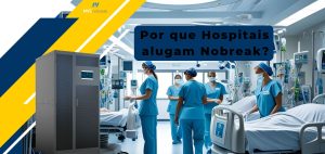 A imagem tem um visual profissional e impactante, com layout dividido em duas partes. À esquerda, há faixas diagonais em azul-marinho, amarelo e branco, onde se destaca a logomarca da MVS Nobreak no topo e, logo abaixo, um nobreak de grande porte em destaque, representando robustez e segurança. À direita, vemos um ambiente hospitalar moderno, com iluminação clara e profissionais da saúde (enfermeiras e médicos) usando máscaras e uniformes cirúrgicos azuis, em volta de leitos equipados com monitores e aparelhos médicos. A cena transmite um ambiente de cuidado intensivo e alta tecnologia. Centralizado no topo direito, um balão de texto escuro contém a frase "Por que Hospitais alugam Nobreak?" em fonte grande e em destaque, instigando o espectador a buscar a resposta. A composição reforça visualmente a importância do nobreak para manter equipamentos hospitalares funcionando mesmo durante quedas de energia, garantindo a continuidade do atendimento e a segurança dos pacientes.