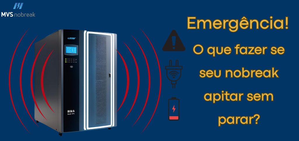 Imagem com fundo azul escuro. À esquerda, há um nobreak de grande porte com acabamento preto e painel digital azul aceso. Dele saem ondas vermelhas curvas para ambos os lados, representando um som de alarme ou apito contínuo. No canto superior esquerdo está o logotipo da empresa “MVS Nobreak”.

À direita, aparece o seguinte texto em destaque, com fonte grande na cor amarela:

“Emergência!
O que fazer se seu nobreak
apitar sem parar?”

Abaixo do texto, três ícones alinhados verticalmente:

Um triângulo de alerta com ponto de exclamação.

Um ícone de tomada com sinal de rede.

Um ícone de bateria fraca, com relâmpago vermelho.