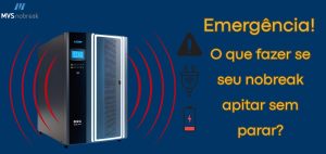 Imagem com fundo azul escuro. À esquerda, há um nobreak de grande porte com acabamento preto e painel digital azul aceso. Dele saem ondas vermelhas curvas para ambos os lados, representando um som de alarme ou apito contínuo. No canto superior esquerdo está o logotipo da empresa “MVS Nobreak”. À direita, aparece o seguinte texto em destaque, com fonte grande na cor amarela: “Emergência! O que fazer se seu nobreak apitar sem parar?” Abaixo do texto, três ícones alinhados verticalmente: Um triângulo de alerta com ponto de exclamação. Um ícone de tomada com sinal de rede. Um ícone de bateria fraca, com relâmpago vermelho.