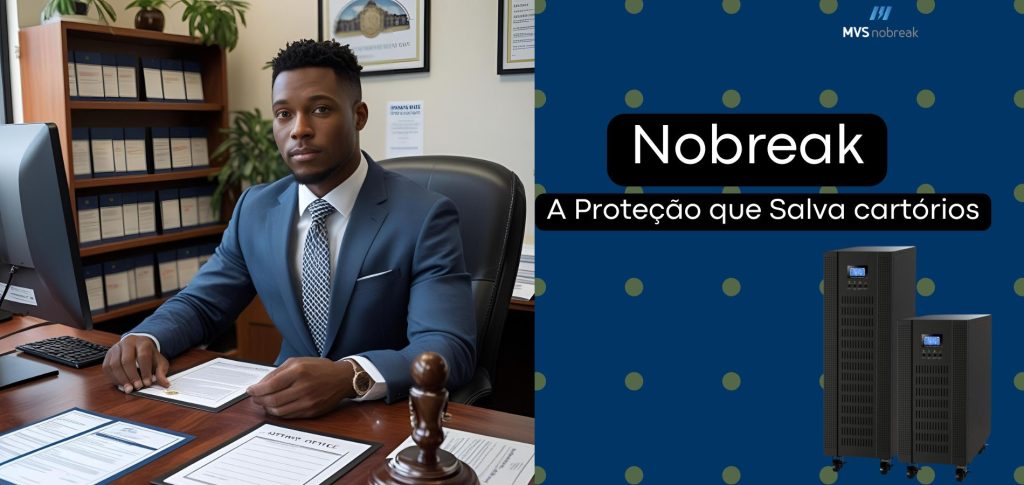A imagem está dividida em duas partes distintas. À esquerda, vemos um homem elegante, vestido com terno azul e gravata, sentado em uma mesa de escritório que lembra o ambiente de um cartório. Ele segura um documento oficial com selo dourado, cercado por papéis e carimbos, sugerindo atividades de autenticação ou registro. Ao fundo, há uma estante repleta de pastas organizadas, reforçando o clima institucional e de organização.

À direita da imagem, sobre um fundo azul com bolinhas verdes e a logomarca da MVS Nobreak no topo, estão dois nobreaks de diferentes tamanhos, posicionados verticalmente. Acima deles, em destaque dentro de caixas pretas, está o texto:
"Nobreak – A Proteção que Salva cartórios", reforçando a ideia de que esses equipamentos garantem a continuidade das operações mesmo durante falhas de energia.

A composição transmite seriedade, confiança e reforça o papel do nobreak como um elemento essencial para proteger dados, evitar perdas de documentos e manter o cartório sempre em funcionamento.

Se quiser, posso transformar essa imagem em um carrossel com 3 situações de risco em cartórios sem Nobreak, criar uma legenda com CTA para donos de cartório alugarem Nobreak ou montar um roteiro de vídeo com simulação de queda de energia em cartório.