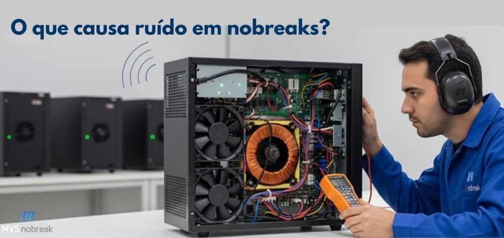 Um técnico especializado em manutenção de nobreaks está sentado em uma bancada branca, analisando um equipamento aberto. Ele usa protetores auriculares, camisa azul com logotipo da MVS Nobreak e segura um multímetro digital conectado ao nobreak.
O interior do equipamento mostra ventoinhas, fios coloridos e um transformador circular laranja, com luzes indicadoras verdes acesas.
No fundo, há outros nobreaks alinhados sobre a mesa, também ligados.
Na parte superior da imagem, lê-se o texto “O que causa ruído em nobreaks?”, com ícone de ondas sonoras, e no canto inferior esquerdo está o logotipo da MVS Nobreak.