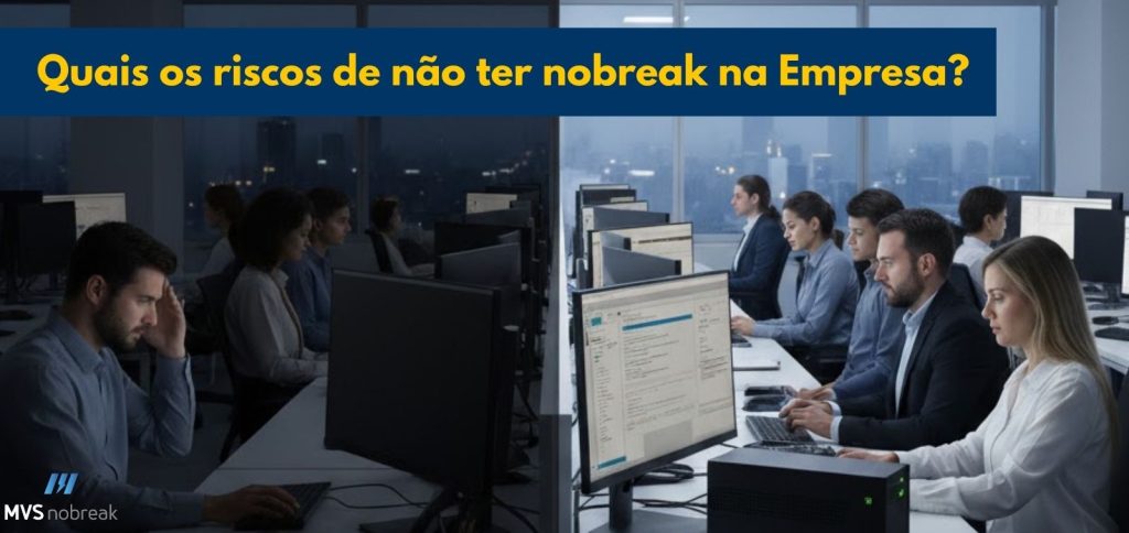 A imagem mostra um escritório moderno dividido em duas partes contrastantes.
No lado esquerdo, o ambiente está escuro, com os computadores desligados e pessoas preocupadas, simbolizando uma queda de energia.
No lado direito, o mesmo escritório está iluminado, com os equipamentos ligados e os colaboradores trabalhando normalmente, representando a proteção oferecida por um nobreak.
Na parte superior, há uma faixa azul com o texto em amarelo: “Quais os riscos de não ter nobreak na empresa?”
No canto inferior esquerdo, aparece o logotipo da MVS Nobreak.