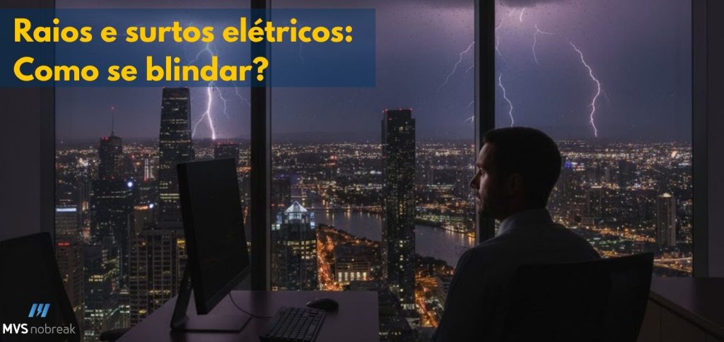 Escritório corporativo moderno, completamente escuro, indicando que os equipamentos estão desligados devido a uma queda de energia. A única iluminação vem de fora: uma tempestade severa domina o horizonte urbano, com diversos raios rasgando o céu sobre a cidade. Um homem, sentado de perfil diante de um computador apagado, observa a tempestade pelas amplas janelas de vidro. A cena reforça a vulnerabilidade do ambiente sem energia. No canto inferior esquerdo aparece o logotipo da MVS Nobreak. No topo esquerdo, um banner azul exibe o texto em amarelo: “Raios e surtos elétricos: Como se blindar?”.