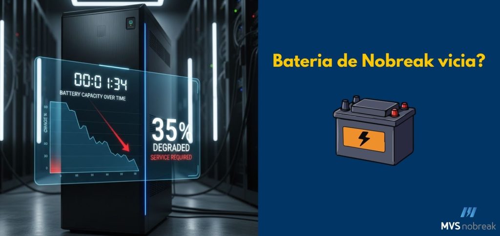 Esta é uma imagem dividida verticalmente, apresentando dois temas relacionados à manutenção de no-breaks (UPS - Uninterruptible Power Supply).
O lado esquerdo mostra um ambiente de data center com uma fileira de racks de servidores no fundo, iluminados por luzes azuis e brancas, sugerindo um ambiente de alta tecnologia e escuridão.
Em primeiro plano, está um equipamento eletrônico preto, vertical, que se assemelha a um servidor ou ao próprio no-break.
Sobreposto a este equipamento, há um gráfico holográfico digital em azul e vermelho, flutuando no ar.
O gráfico exibe uma linha de queda acentuada ao longo do tempo, indicando a degradação da capacidade da bateria.
No canto superior esquerdo do gráfico, há um temporizador marcando "00:01:34".
O título do gráfico é "BATTERY CAPACITY OVER TIME" (Capacidade da Bateria ao Longo do Tempo).
Uma grande seta vermelha aponta para baixo, acompanhando a linha de queda.
Em destaque, no canto inferior direito do gráfico, o texto em branco e vermelho informa: "35% DEGRADED SERVICE REQUIRED" (35% DEGRADADA SERVIÇO NECESSÁRIO).
Lado Direito: Pergunta e Ilustração da Bateria
O lado direito tem um fundo azul escuro e contém uma pergunta e uma ilustração.
A pergunta, em letras grandes, amarelas e bold, está no topo e diz: "Bateria de Nobreak vicia?" (A bateria do No-break vicia?). Uma pequena interface de edição de texto, provavelmente do Canva, está sobreposta a esta linha de texto.
Abaixo, no centro, há uma ilustração de uma bateria automotiva ou de no-break. É uma caixa retangular cinza escura com uma alça. Possui dois terminais no topo: um vermelho (positivo) e um preto (negativo).
No corpo da bateria, há um símbolo de raio ou flash em amarelo e preto, indicando energia.
No canto inferior direito, há o logo da marca "MVS nobreak" em branco.