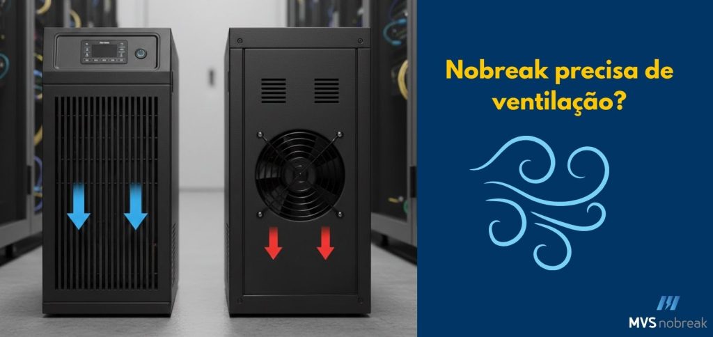 A imagem é dividida visualmente.
À esquerda, em um ambiente que parece ser uma sala de servidores, com equipamentos e racks desfocados ao fundo, estão dispostos dois nobreaks pretos em formato torre, lado a lado.
O primeiro nobreak (à esquerda) tem uma grade vertical na frente. Duas setas azuis, grossas e grandes, apontam para baixo sobre esta grade, ilustrando a entrada de ar frio. Há um pequeno painel de controle na parte superior do equipamento.
O segundo nobreak (à direita), posicionado logo ao lado, mostra a sua parte traseira. No centro, há uma grande ventoinha de exaustão preta. Duas setas vermelhas, igualmente grossas e grandes, apontam para baixo a partir da parte inferior do equipamento, ilustrando a saída de ar quente.
À direita, a imagem tem um fundo azul escuro.
No topo, em letras brancas e amarelas, está a pergunta: "Nobreak precisa de ventilação?"
Abaixo da pergunta, há um ícone estilizado em azul claro representando o vento, com linhas curvas e espirais, reforçando o tema da ventilação.
No canto inferior direito, aparece o logotipo e a marca: "MVS nobreak".
A imagem, no geral, usa a comparação visual dos nobreaks com setas de cores diferentes para demonstrar o fluxo de ar necessário (frio entrando e quente saindo) e apresenta a questão da ventilação do equipamento.