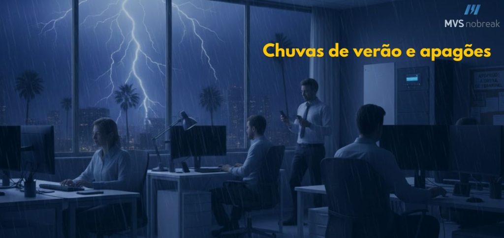 Imagem horizontal em tons azulados. Escritório corporativo moderno à noite. Do lado de fora, uma forte tempestade de verão: chuva intensa cai diante de grandes janelas de vidro, enquanto relâmpagos cortam o céu escuro, iluminando prédios e palmeiras ao fundo.
Dentro do escritório, o ambiente está sem energia. Os monitores estão apagados e a iluminação interna é mínima, criando uma atmosfera de interrupção e tensão. À esquerda, uma mulher permanece sentada diante do computador desligado, com postura de espera. Ao centro, dois homens estão sentados em suas mesas, olhando para as telas apagadas. Um homem em pé observa o celular, provavelmente buscando informações ou tentando contato após a queda de energia. À direita, outro profissional está sentado, imóvel, diante de um posto de trabalho inoperante.
Na parede à direita, um equipamento de energia, semelhante a um nobreak, aparece com visor apagado, reforçando a sensação de falha elétrica geral.
No canto superior direito, está o logotipo “MVS Nobreak”. Ao lado, em destaque, o texto em amarelo diz: “Chuvas de verão e apagões”.
A cena transmite interrupção abrupta das atividades causada pela tempestade, simbolizando os impactos imediatos da falta de energia em ambientes corporativos.