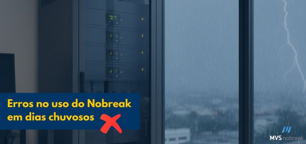 Imagem em formato horizontal. À esquerda, há um rack de servidores ou nobreaks em ambiente corporativo, com equipamentos pretos empilhados verticalmente e pequenos displays verdes acesos, indicando funcionamento. O ambiente interno é escuro, com iluminação fria e aspecto tecnológico.
À direita, uma grande janela de vidro mostra um cenário externo de chuva intensa, com gotas escorrendo pelo vidro e um raio visível ao fundo, reforçando a sensação de tempestade e instabilidade climática.
Na parte inferior esquerda da imagem, há um retângulo azul escuro com texto em amarelo que diz: “Erros no uso do Nobreak em dias chuvosos”. Ao lado do texto, um X vermelho