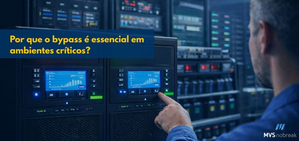 imagem mostra o interior de um data center moderno, com foco em dois nobreaks (UPS) posicionados lado a lado em primeiro plano. Ambos os equipamentos exibem telas digitais com luzes e gráficos em tons de azul, indicando o funcionamento ativo dos sistemas. Um homem, parcialmente de costas e com camisa azul, está à direita da imagem. Ele estende o braço e toca a tela de um dos nobreaks com o dedo indicador, como se estivesse interagindo com o painel.
Ao fundo, há uma série de racks de servidores, com diversas luzes indicadoras coloridas (principalmente azuis, brancas e algumas alaranjadas), reforçando o ambiente tecnológico e crítico.
No canto superior esquerdo da imagem, há uma faixa azul escura com o texto em amarelo vivo:
"Por que o bypass é essencial em ambientes críticos?"
No canto inferior direito, aparece o logotipo da empresa MVS Nobreak, com o nome escrito em branco e cinza, acompanhado de um ícone gráfico azul.
A imagem transmite a ideia de controle, continuidade e segurança elétrica em ambientes sensíveis, como centros de dados, reforçando a importância do uso de nobreaks e sistemas de bypass.