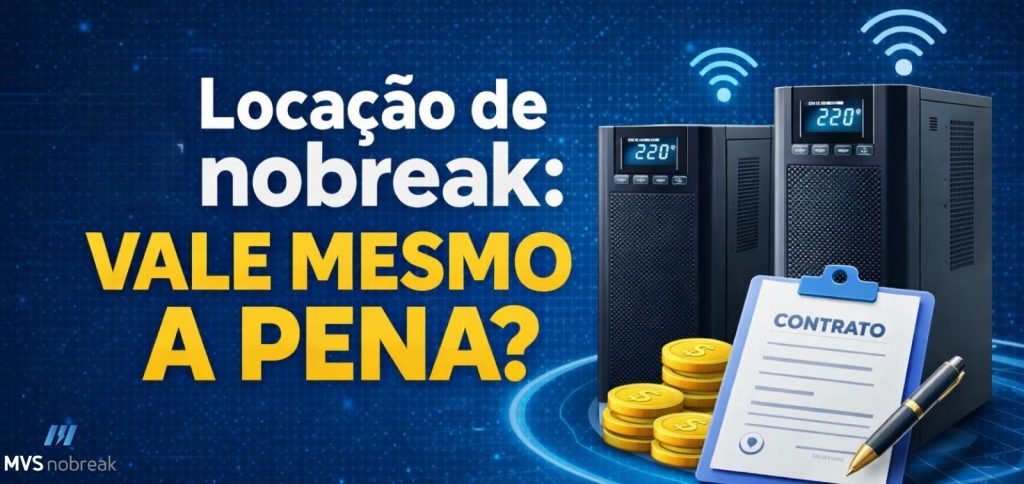 A imagem é uma capa digital horizontal, com fundo azul escuro em padrão de pontos e linhas, simulando uma grade digital ou rede tecnológica.
No lado esquerdo, está o título principal em destaque, dividido em duas partes:
"Locação de nobreak:" — em letras brancas, todas em minúsculas, exceto o "L" inicial. O “nobreak” está em negrito e ocupa uma linha centralizada.
"VALE MESMO A PENA?" — escrito em letras maiúsculas e amarelas, com fonte grande, espessa e em negrito, ocupando duas linhas, criando forte impacto visual.
No canto inferior esquerdo, está o logotipo da empresa MVS Nobreak, com “MVS” em branco e “nobreak” em azul claro, além de um símbolo formado por três traços diagonais lembrando barras ou letras estilizadas.
À direita do layout, aparecem dois nobreaks (UPS) pretos de tamanhos diferentes, com visores digitais acesos marcando 220V. Acima deles, há dois ícones de sinal Wi-Fi em azul, indicando conectividade.
Em frente aos nobreaks, vemos um bloco de moedas douradas empilhadas, uma prancheta azul com uma folha de contrato escrita em destaque com a palavra “CONTRATO” em azul, e uma caneta preta com detalhes dourados, posicionada sobre o papel.