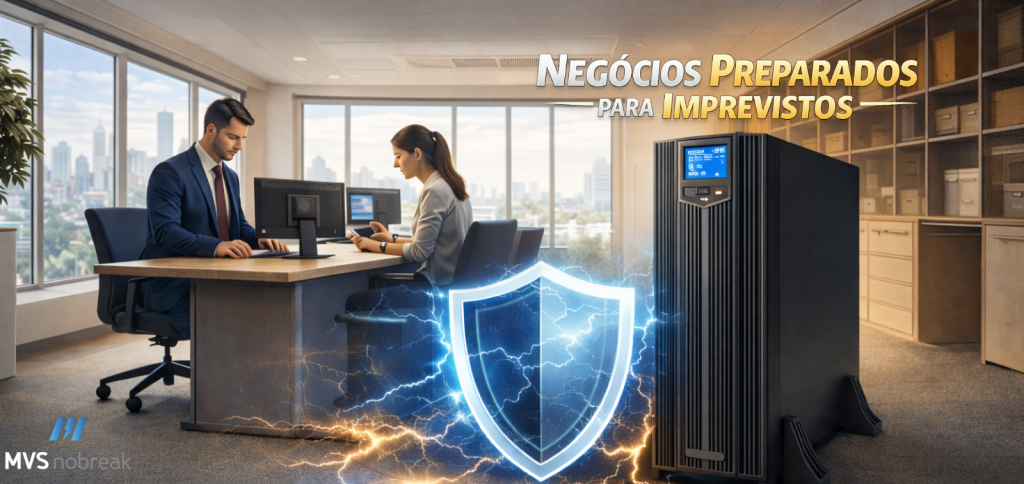 Imagem em formato horizontal.
Ambiente corporativo moderno e bem iluminado, com grandes janelas ao fundo mostrando prédios de uma cidade.
À esquerda, um homem de terno azul está sentado à mesa, concentrado, digitando em um computador.
À direita dele, uma mulher também sentada trabalha em outro computador, olhando para a tela com atenção. Ambos estão em postura profissional, transmitindo foco e produtividade.
À direita da imagem, em destaque, há um nobreak preto de grande porte, modelo torre, com display azul na parte superior, transmitindo robustez e tecnologia.
Na parte central inferior da imagem, à frente da mesa e do nobreak, aparece um grande escudo luminoso azul, envolto por efeitos elétricos, simbolizando proteção, segurança e estabilidade energética.
Na parte superior direita da imagem, está o texto:
“Negócios Preparados para Imprevistos”, em letras grandes, com destaque em tons dourados e brancos.
No canto inferior esquerdo, aparece discretamente o logotipo da MVS Nobreak.