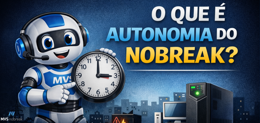 Imagem em formato horizontal, com fundo azul escuro em degradê, remetendo a um ambiente noturno urbano. À esquerda, há um mascote robô da MVS Nobreak, em estilo amigável e tecnológico, nas cores azul, branco e cinza. O robô sorri e segura um relógio analógico grande, simbolizando tempo. No centro e à direita da imagem, aparece o título em destaque: “O que é autonomia do Nobreak?”, com as palavras “Autonomia” em azul e “Nobreak” em amarelo, em tipografia forte e legível. À direita, há um Nobreak de torre moderno, preto, com luz verde acesa, conectado a um computador ligado, representando funcionamento contínuo mesmo sem energia. Ao fundo, vê-se uma silhueta de prédios e postes de energia, reforçando o contexto de queda ou falha elétrica. No canto inferior esquerdo, aparece discretamente o logotipo da MVS Nobreak.