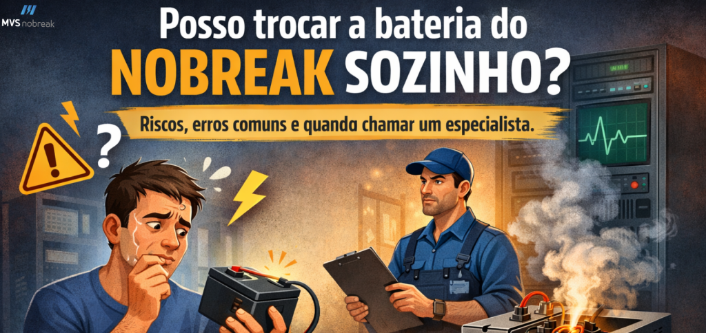 Imagem em formato horizontal, com fundo escuro e ambiente técnico, remetendo a uma sala de servidores ou infraestrutura de TI.
No topo, em letras grandes e contrastantes, o texto: “Posso trocar a bateria do NOBREAK sozinho?”
A palavra NOBREAK aparece em destaque na cor amarela. Logo abaixo, uma faixa amarela com o subtítulo: “Riscos, erros comuns e quando chamar um especialista.”
No canto superior esquerdo está o logotipo da MVS Nobreak.
À esquerda da imagem, há um homem jovem, com expressão de dúvida e preocupação. Ele segura uma bateria de nobreak nas mãos, observa o equipamento com atenção e parece suar, demonstrando insegurança. Próximo a ele aparecem ícones gráficos de alerta: um ponto de interrogação, um símbolo triangular de perigo e um raio, reforçando a ideia de risco elétrico.
À direita, um técnico profissional uniformizado, usando boné e macacão azul, segura uma prancheta e analisa a situação com postura firme e confiante. Ele representa o especialista.
No fundo, há racks de servidores e um painel com gráfico de batimentos ou sinal elétrico em verde, indicando monitoramento e ambiente crítico. Na parte inferior direita, um equipamento aberto solta fumaça, sugerindo falha, superaquecimento ou risco iminente.
A composição visual contrasta claramente leigo versus profissional, improviso versus segurança, reforçando a mensagem de que trocar a bateria de um nobreak sem conhecimento técnico envolve riscos reais e pode causar falhas graves.