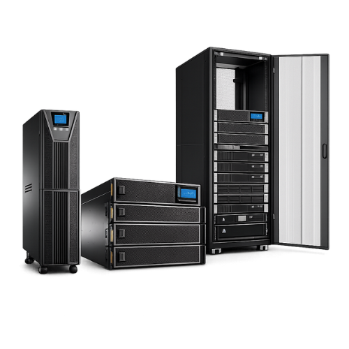 Um nobreak Torre moderno, Modulos de nobreak modular, e um rack completo com nobreak