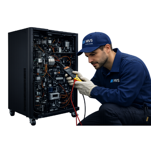 Um técnico fazendo conserto com um nobreak.