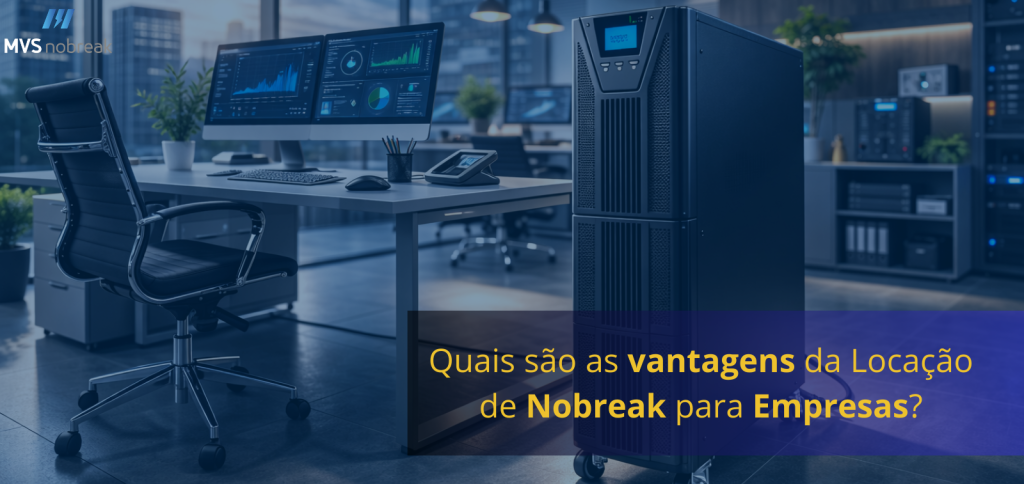 Imagem horizontal com estilo moderno e tecnológico. A cena mostra um escritório corporativo contemporâneo, com grandes janelas e vista urbana ao fundo. À esquerda, há uma mesa de trabalho com dois monitores exibindo gráficos e painéis de dados, além de teclado, mouse e telefone. Uma cadeira executiva preta está posicionada em frente à mesa.
À direita da mesa, em destaque no primeiro plano, aparece um nobreak torre moderno, de cor preta, com visor digital iluminado na parte superior e grade frontal de ventilação. O equipamento está sobre pequenas rodas, indicando mobilidade e uso corporativo.
No canto superior esquerdo da imagem aparece o logotipo MVS nobreak. Na parte inferior direita há uma faixa translúcida azul com o título em destaque nas cores branca e amarela: “Quais são as vantagens da Locação de Nobreak para Empresas?”.
A composição transmite um ambiente profissional, tecnológico e voltado à continuidade operacional de empresas que dependem de energia elétrica estável.