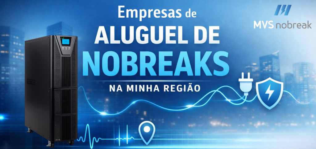 Imagem publicitária com fundo azul em degradê, com skyline urbano desfocado ao fundo, transmitindo ambiente corporativo moderno.
À esquerda, há um nobreak torre profissional preto, com display digital iluminado, posicionado em destaque sobre o chão.
No centro da imagem, em letras grandes e brancas, está o texto:
“Empresas de ALUGUEL DE NOBREAKS”, sendo “NOBREAKS” em azul mais vibrante e com maior destaque. Logo abaixo, em menor tamanho, aparece a frase “NA MINHA REGIÃO”.
À direita, há ícones visuais que reforçam o conceito de energia e proteção: um plugue elétrico conectado a uma linha de energia estilizada e um escudo com um raio no centro.
No canto superior direito está o logotipo da MVS Nobreak.
Na parte inferior, uma linha gráfica em estilo batimento (semelhante a um monitor cardíaco) percorre a imagem, junto a um ícone de localização, reforçando a ideia de serviço regional e continuidade operacional.