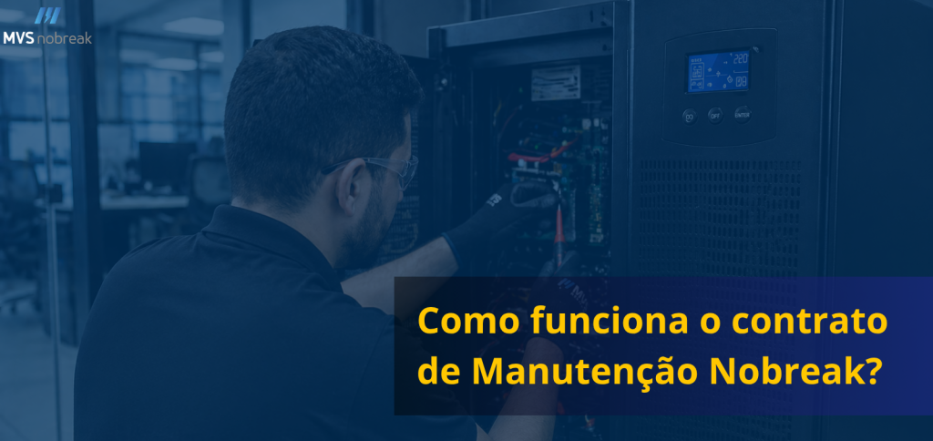 Imagem com identidade corporativa da MVS Nobreak.
Em primeiro plano, um técnico está de perfil, usando óculos de proteção e luvas, realizando manutenção em um nobreak aberto. Ele está concentrado, manuseando componentes internos do equipamento, com cabos e circuitos visíveis.
O ambiente ao fundo é corporativo, com aparência de escritório moderno e iluminação controlada, transmitindo um cenário tecnológico e profissional.
A imagem possui um filtro em tom azul, reforçando a identidade visual técnica e confiável da marca.
No canto superior esquerdo, aparece o logo da MVS Nobreak.
Na parte direita inferior, há um bloco escuro com destaque em amarelo contendo o texto:
“Como funciona o contrato de Manutenção Nobreak?”
A composição comunica manutenção especializada, tecnologia e continuidade operacional — posicionamento claro de serviço crítico para empresas que não podem parar.