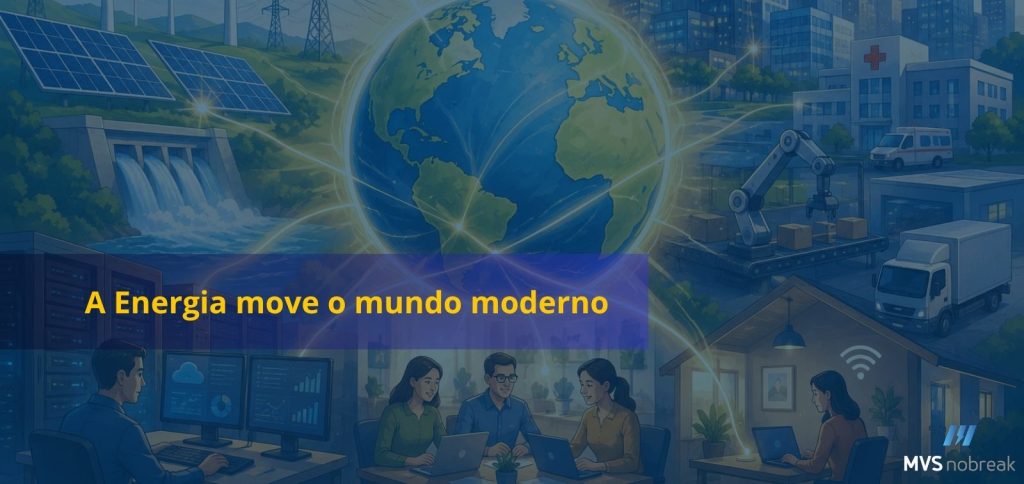 Ilustração digital com temática tecnológica e corporativa. No centro da imagem aparece o planeta Terra iluminado, conectado por feixes de energia que se espalham para diferentes cenários ao redor. À esquerda, há painéis solares, turbinas eólicas, uma usina hidrelétrica e um ambiente com servidores e computadores monitorando sistemas. À direita, aparecem prédios corporativos, um hospital, uma linha automatizada industrial, caminhões de logística e uma residência conectada à internet. Na parte inferior, pessoas trabalham em notebooks e computadores, representando produtividade e conectividade. Sobre a imagem há uma faixa azul translúcida com a frase em destaque: “A Energia move o mundo moderno”. No canto inferior direito está o logotipo da MVS Nobreak.