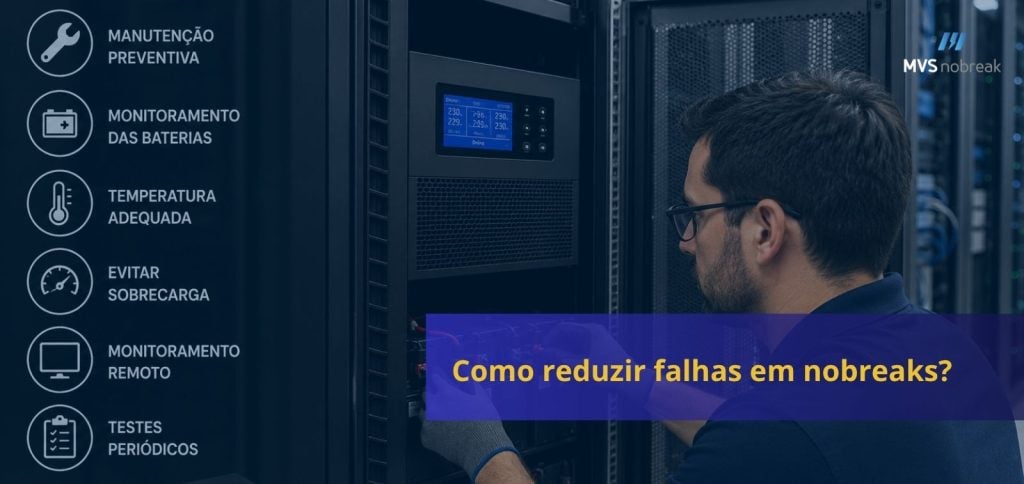 Imagem corporativa sobre manutenção e confiabilidade de nobreaks. Em um ambiente de data center, um técnico realiza inspeção em um nobreak de grande porte instalado em um rack. O profissional aparece de perfil, utilizando óculos e trabalhando diretamente no compartimento das baterias do equipamento.
Ao fundo, são visíveis racks de servidores e equipamentos de infraestrutura de TI, criando um cenário associado à continuidade operacional e proteção de sistemas críticos.
No lado esquerdo da imagem, uma coluna de ícones apresenta boas práticas para evitar falhas em nobreaks, incluindo manutenção preventiva, monitoramento das baterias, controle de temperatura, prevenção de sobrecarga, monitoramento remoto e realização de testes periódicos.
Uma camada azul escura semitransparente cobre a imagem, reforçando a identidade visual tecnológica e corporativa. Na parte inferior central, uma faixa azul destaca o título em amarelo: 'Como reduzir falhas em nobreaks?'. No canto superior direito está o logotipo da MVS Nobreak.
A composição transmite a importância da manutenção preventiva, do monitoramento contínuo e da gestão adequada dos equipamentos para aumentar a confiabilidade dos sistemas de energia.
