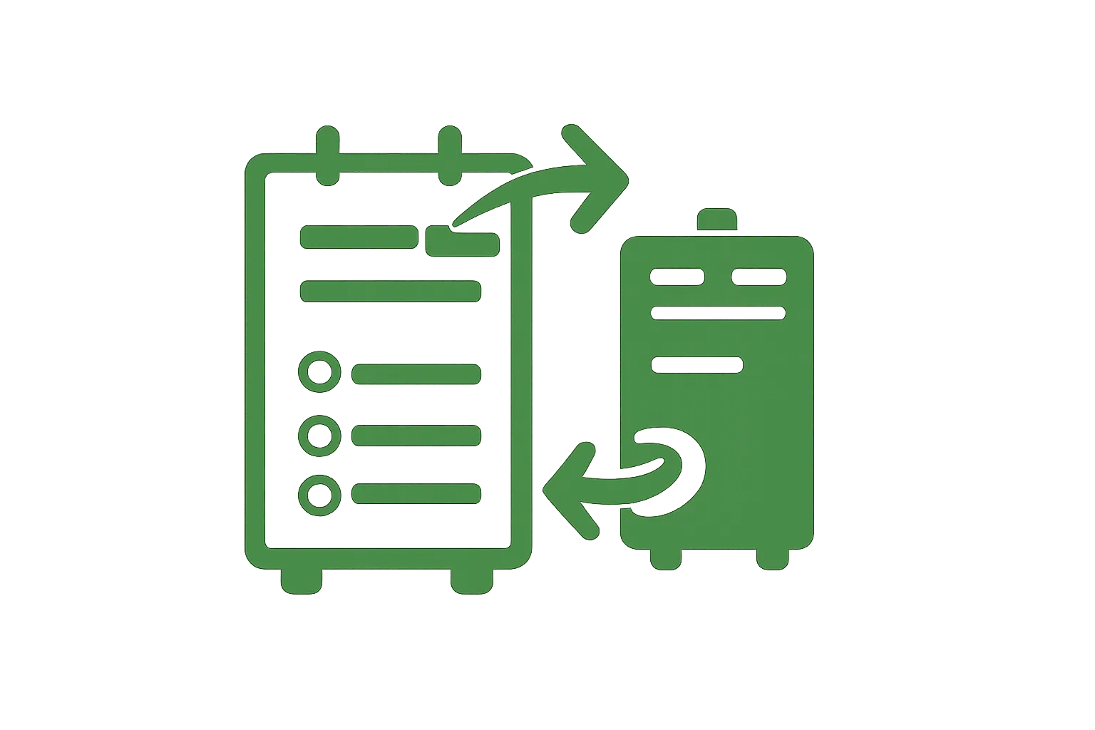 Ícone na cor verde composto por dois elementos principais. À esquerda, há uma prancheta com uma lista de verificação, representando inspeção, análise ou controle de processos. À direita, aparece um equipamento semelhante a um nobreak ou servidor. Entre os dois elementos, duas setas curvas apontam em sentidos opostos, simbolizando troca, substituição ou transferência. O conjunto transmite a ideia de substituição temporária de equipamento, continuidade operacional e manutenção corretiva, indicando que um equipamento pode ser trocado por outro equivalente enquanto o original passa por reparos. O desenho utiliza linhas simples, estilo vetorial e aparência limpa, adequada para materiais corporativos e técnicos.