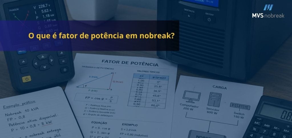 Imagem promocional sobre fator de potência em nobreak. Ao fundo, aparece uma mesa técnica com um analisador de energia, um nobreak corporativo, calculadora e folhas contendo diagramas elétricos, fórmulas e exemplos de cálculo relacionados ao fator de potência. Os documentos exibem gráficos de triângulo de potências, tabelas de valores típicos e exemplos de conversão entre kVA e kW.
Uma sobreposição azul escura semitransparente cobre parte da imagem, criando um visual corporativo e tecnológico. Em destaque, no centro à esquerda, está o título em amarelo: 'O que é fator de potência em nobreak?'. No canto superior direito aparece o logotipo da MVS Nobreak.
A composição transmite a ideia de análise técnica, dimensionamento elétrico, eficiência energética e compreensão da capacidade real de um nobreak para aplicações empresariais.
