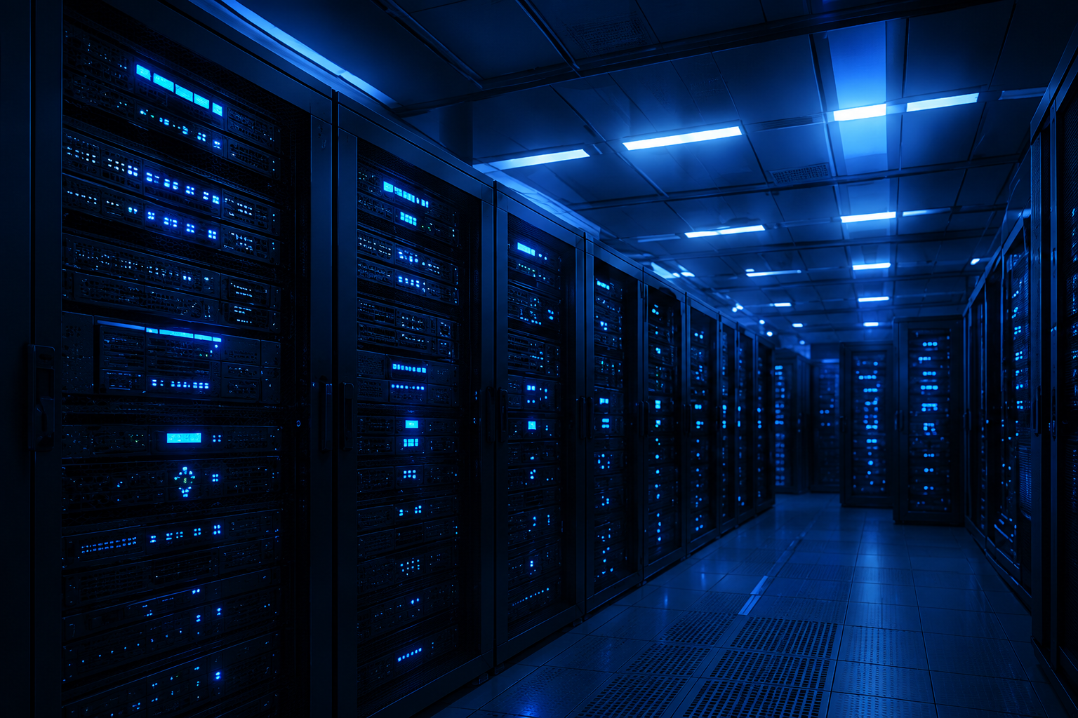 Imagem de um data center moderno, com corredores de racks e servidores organizados em fileiras. O ambiente possui iluminação em tons de azul e diversos indicadores luminosos nos equipamentos, transmitindo uma atmosfera tecnológica e de infraestrutura crítica.