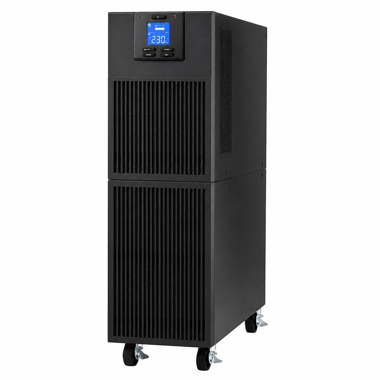 Imagem de um nobreak de 10 kVA, na cor preta, em formato torre. O equipamento possui estrutura vertical, painel digital com visor azul na parte superior, grades de ventilação frontais e rodízios na base para facilitar a movimentação. O nobreak está posicionado sobre fundo branco, com visão frontal e lateral.