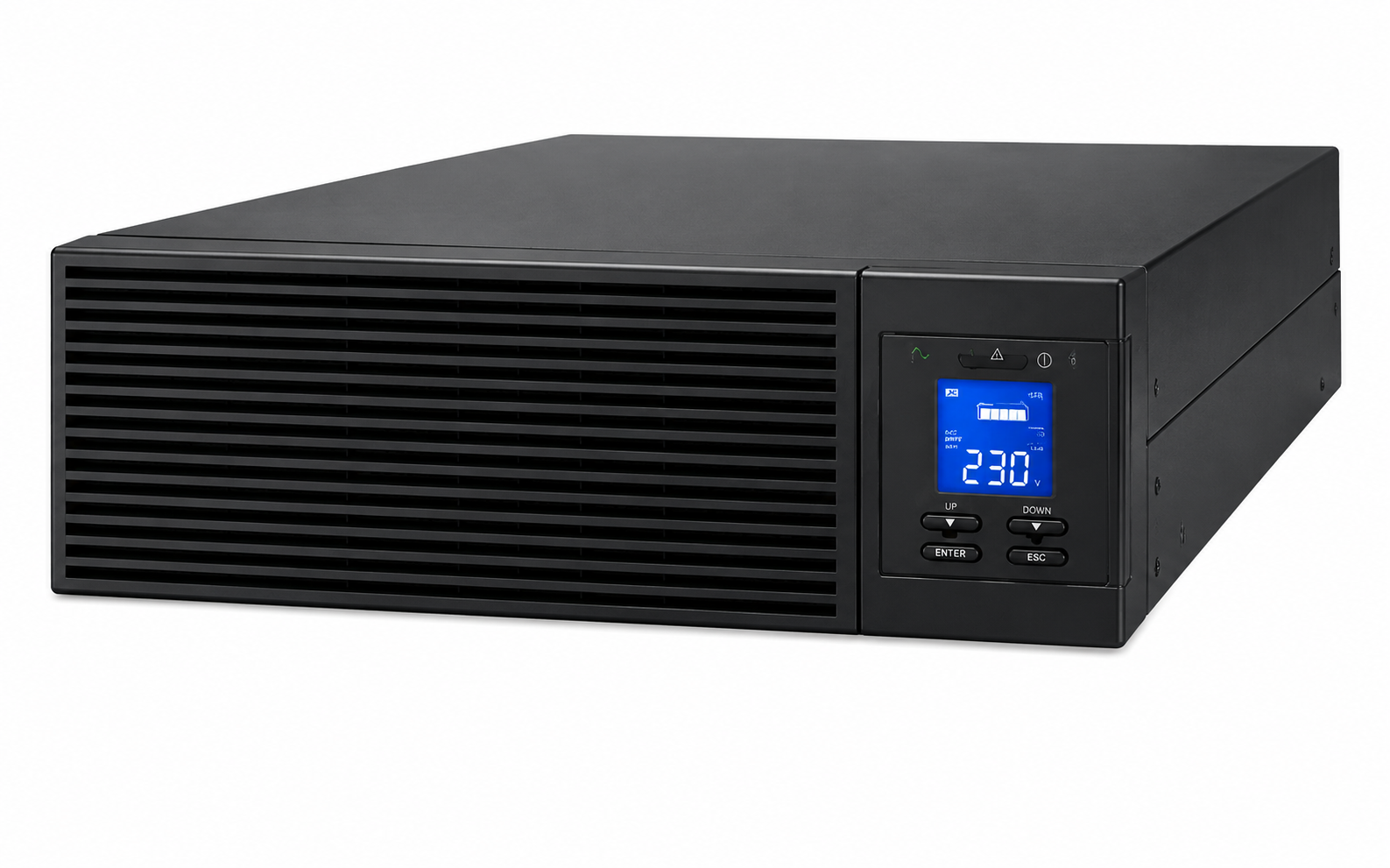 Imagem de um nobreak de 20 kVA, na cor preta, em formato horizontal. O equipamento possui ampla grade de ventilação na parte frontal e painel digital com visor azul no lado direito. O nobreak está posicionado em perspectiva sobre fundo branco, permitindo visualizar a parte frontal e a lateral do equipamento.