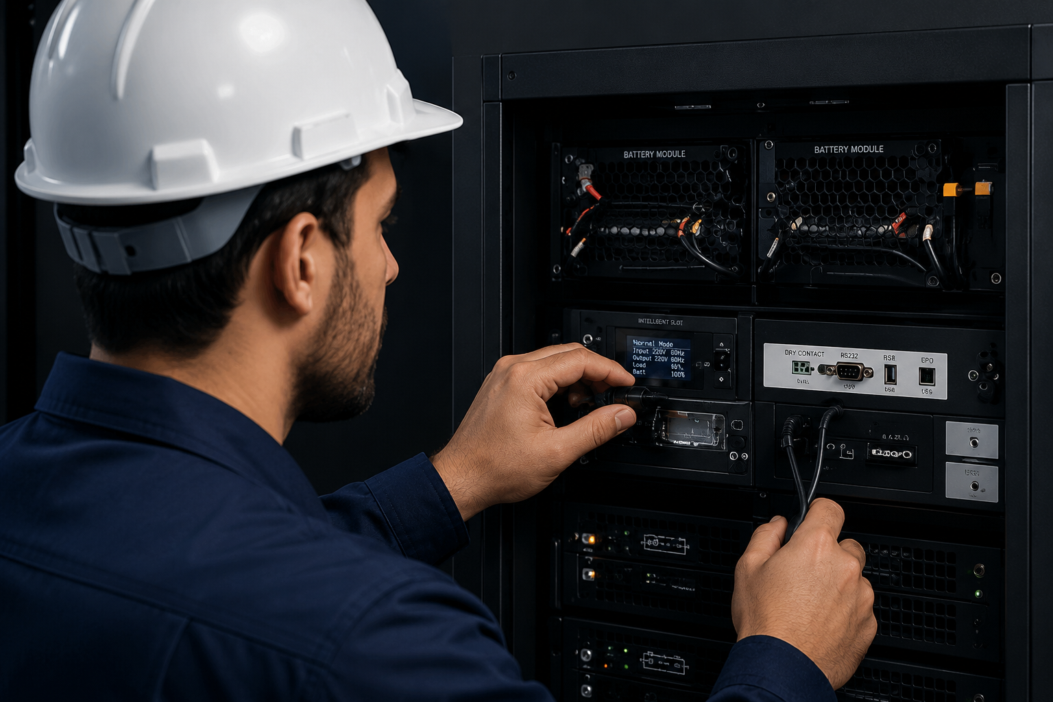 Imagem de um técnico utilizando capacete branco e uniforme azul enquanto realiza uma inspeção em equipamentos de energia instalados em um rack. O profissional manuseia cabos e verifica o painel do sistema em um ambiente técnico com iluminação escura.